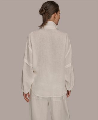 Women's Linen Long Blouson Sleeve Button Adjustable Tie Shirt