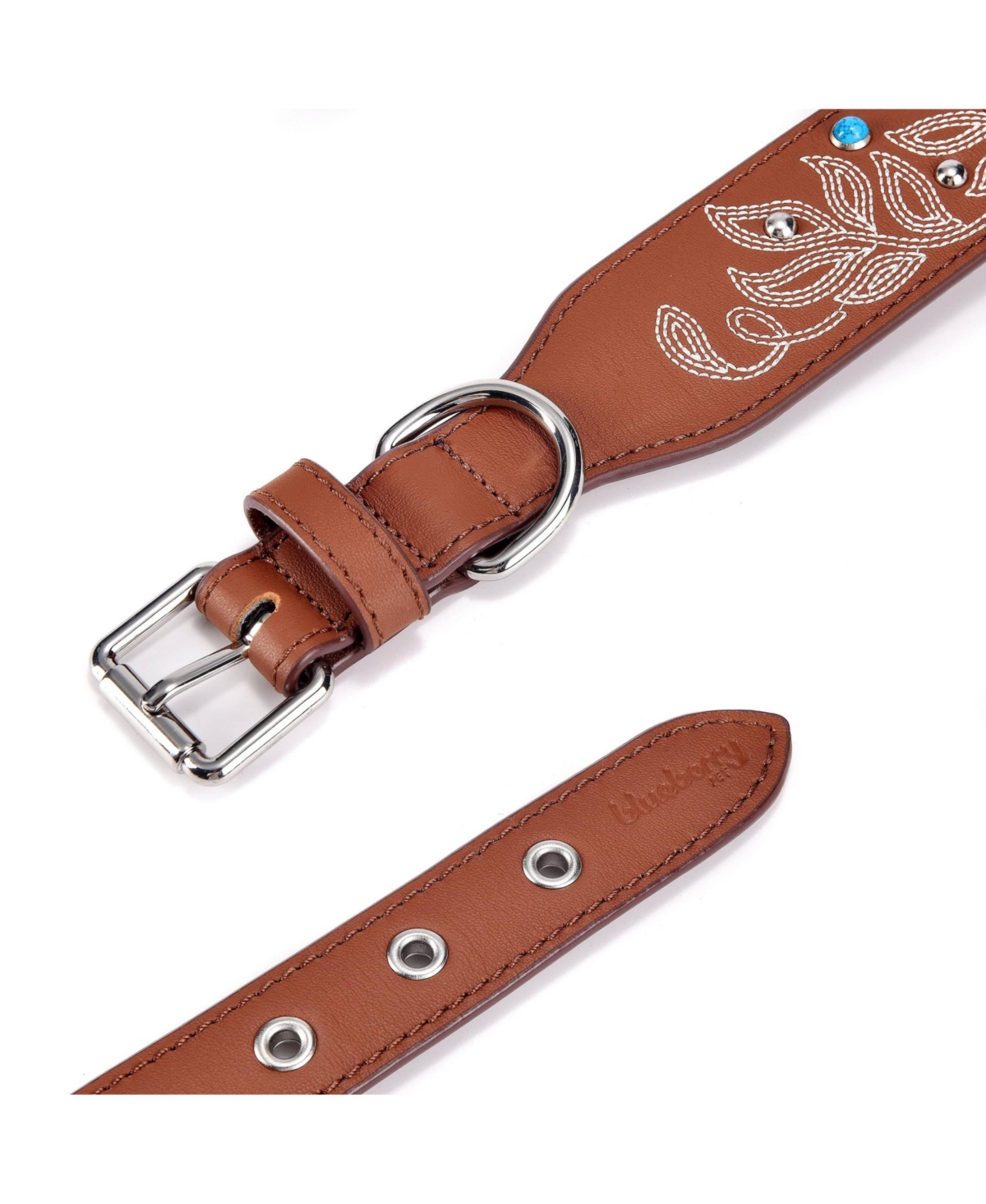 Blueberry Pet Western Style Full Grain Genuine Leather Embroidered Dog Collar with Pearl or Turquoise Studs