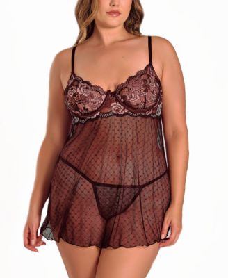 Plus Size Lace and Dotted Mesh Babydoll Lingerie Set