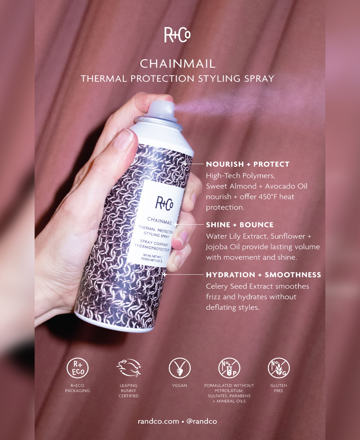 R+Co Chainmail Thermal Protection Styling Spray, 5 oz.