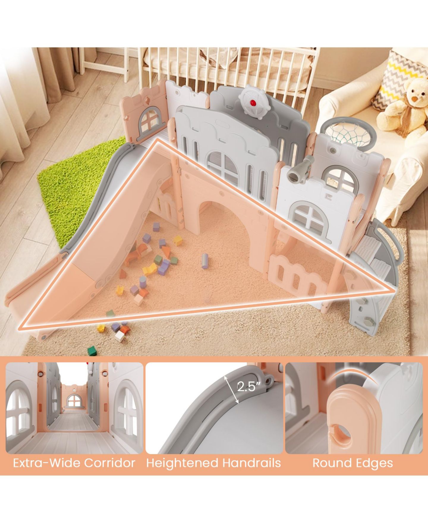 Детская игрушка HONGGE All-in-One Toddler Slide Playground with Adjustable Basketball Hoop, Ages 1-4, цвет: Colorful — фото 6
