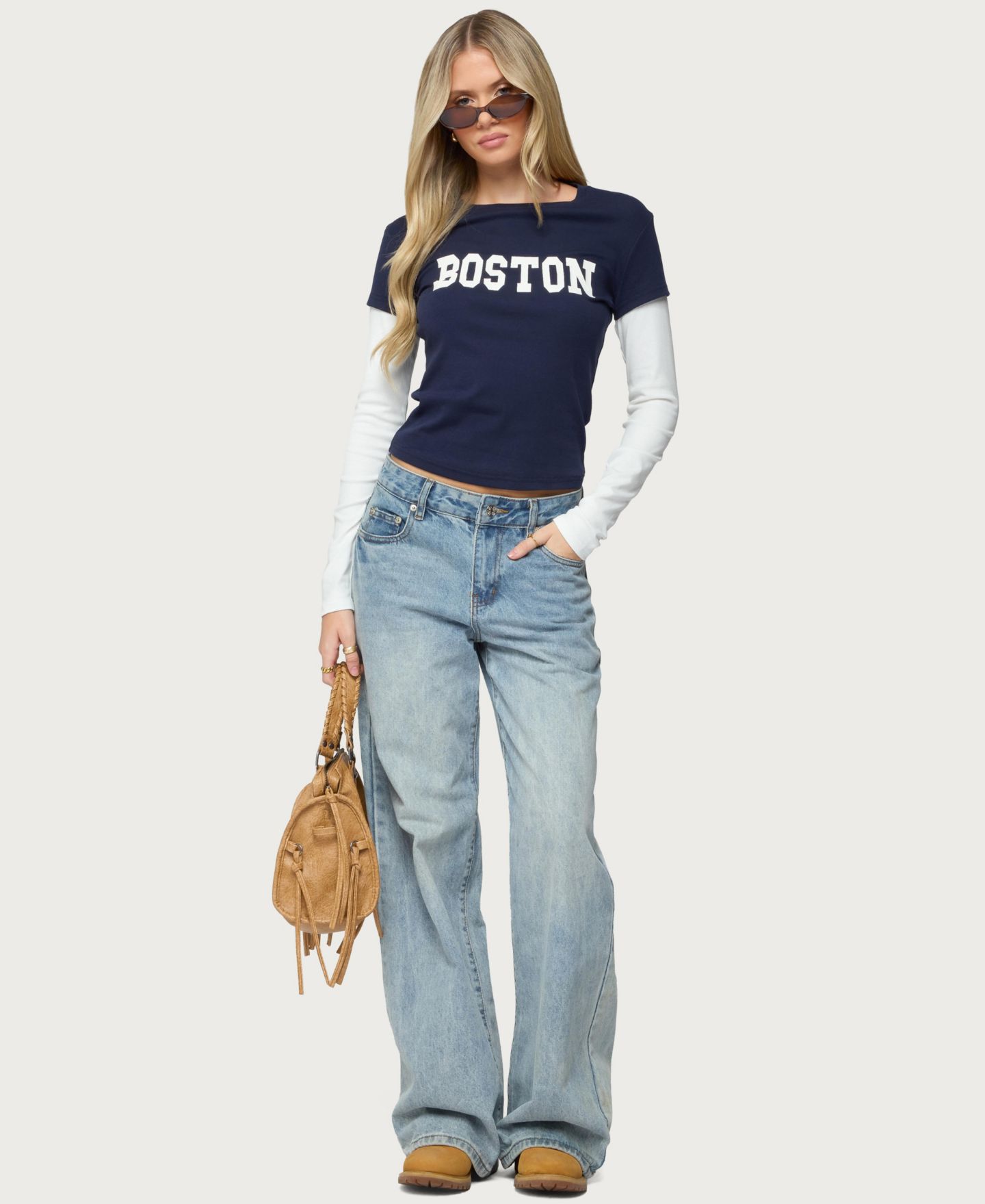 Женская футболка Edikted Boston Layered Long Sleeve, цвет: Тёмно-синий кремовый — фото 5