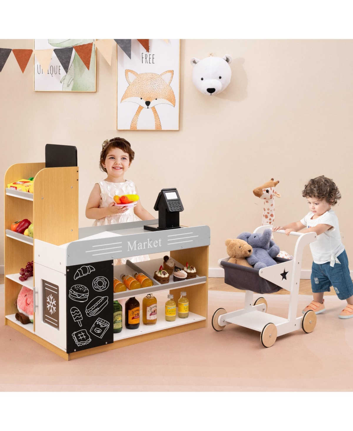 Skonyon Wooden Supermarket Playset with Checkout Counter & Shopping Cart