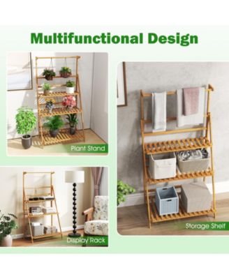 3 Tier Bamboo Hanging Plant Stand with Height Adjustable Hanger Rod