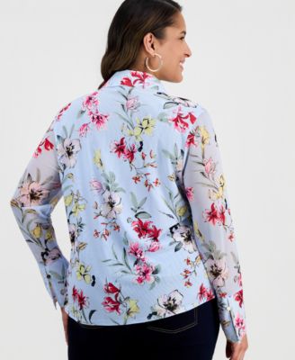 Plus Size Printed Johnny-Collar Top