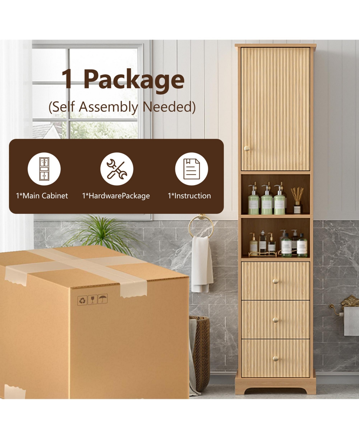 Airsurfer 67.7 Inch Tall Freestanding Bathroom Cabinet with Door Adjustable Shelf and 3 Drawers