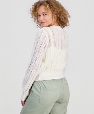 Juniors' Embroidered-Button Cable-Knit Cardigan