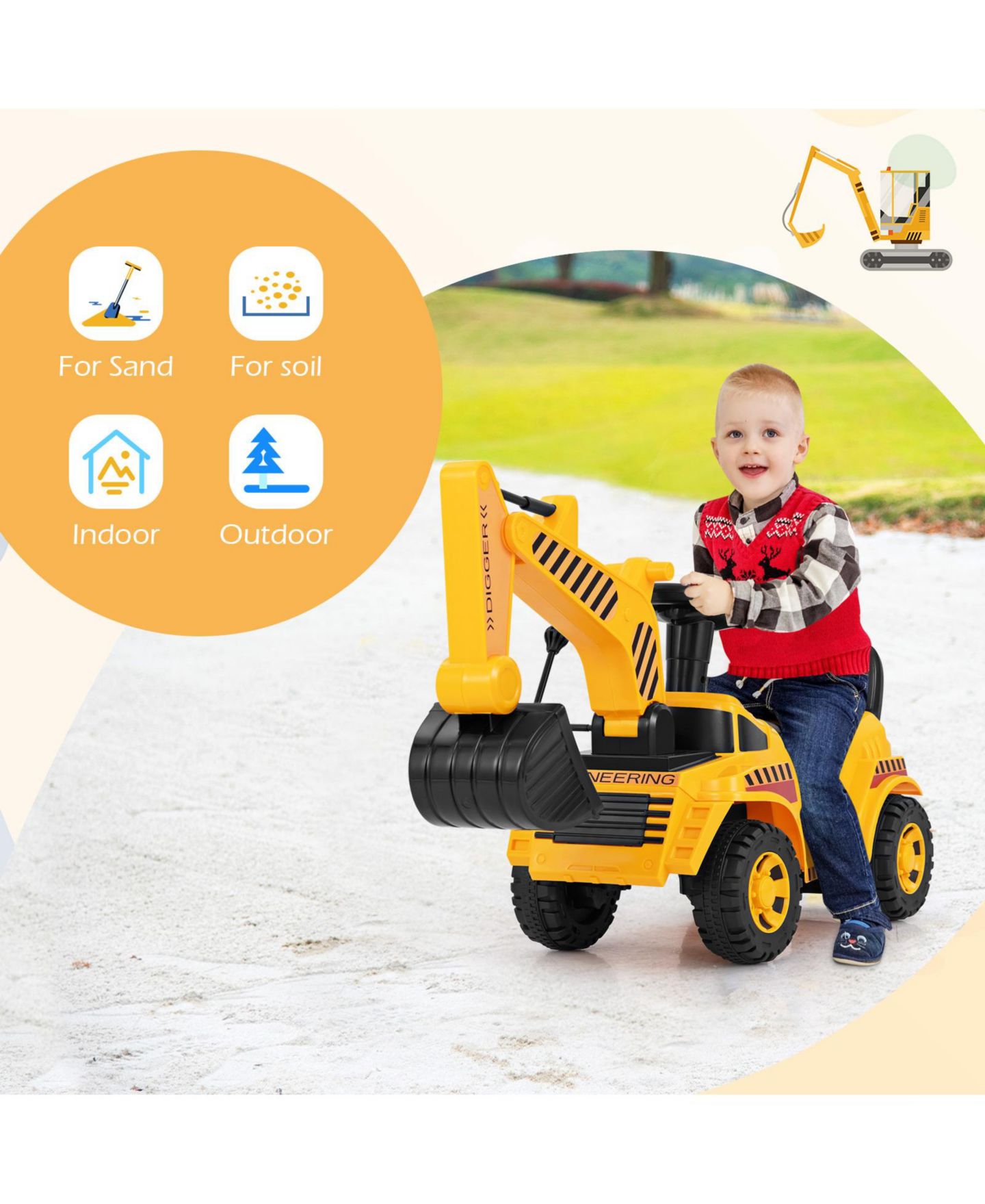 Детская игрушка HONGGE Kids Ride-On Excavator Toy with Adjustable Shovel and Foot-Pedal Control, Ages 1.5+, цвет: Жёлтый чёрный — фото 11