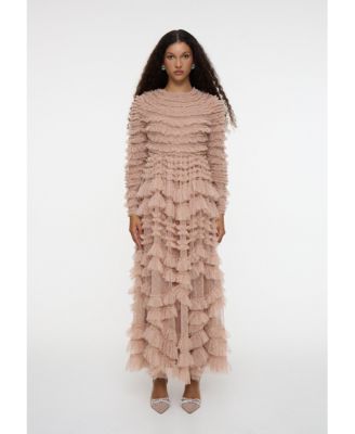 Women's Maxi With Self Print Modest Ruffle Dress