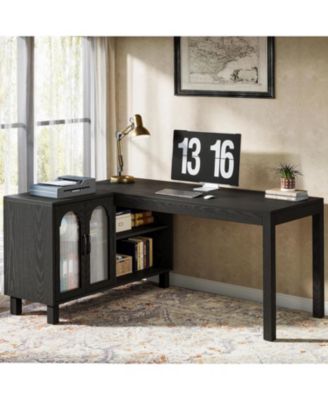 59" Executive L Shaped Desk with File Cabinet, Farmhouse Wood Computer Coner Desk with Storage Shelves