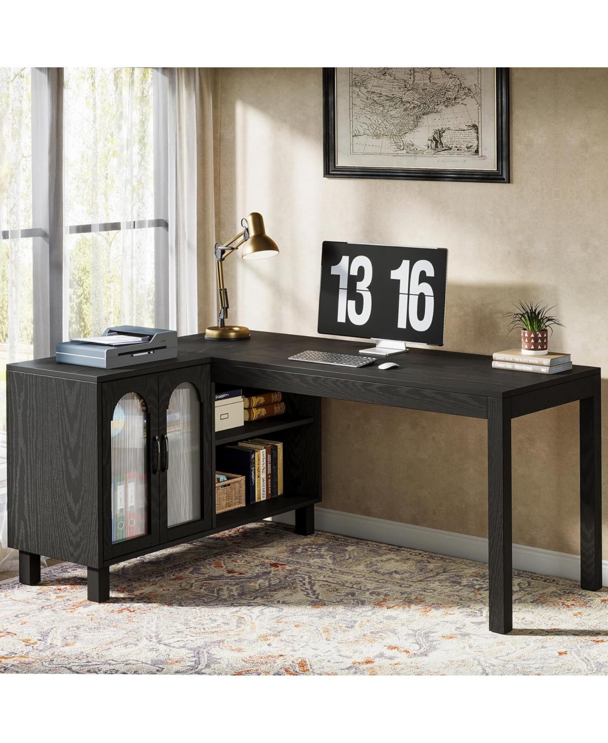 Tribesigns 59" Executive L Shaped Desk with File Cabinet, Farmhouse Wood Computer Coner Desk with Storage Shelves