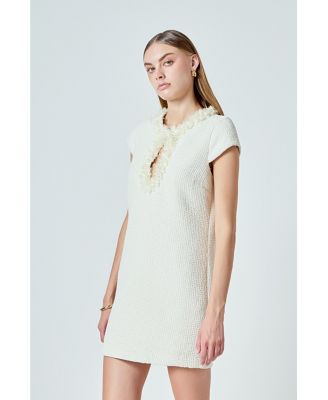 Women's Tweed Shift Dress with Floral Trim