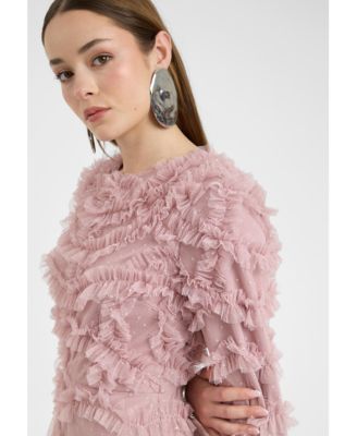 Women's Modest Ruffle Dress Maxi With Self Print Mesh