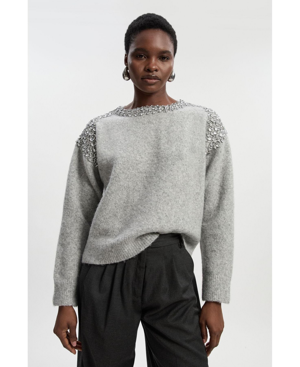 Karen Millen Women's Embellished Trim Cosy Knit Jumper