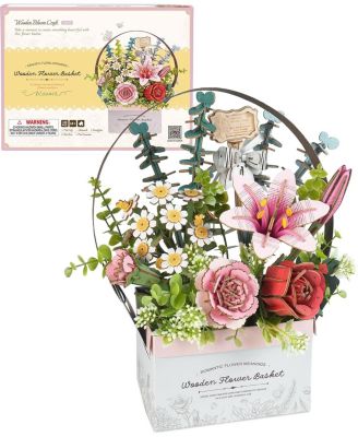 3D Puzzle, Wooden Flower Basket with Exquisite Accessories, Decorative Building Kits for Kids Adults, Multicolored, 11"5.9"11.8