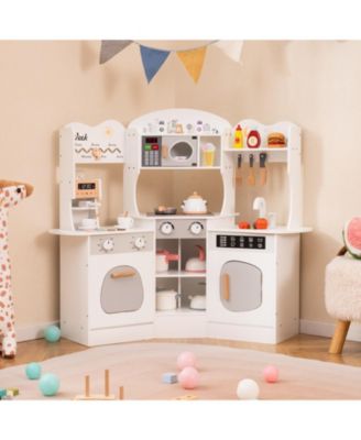 Corner Wooden Play Kitchen with Coffee Maker, Sink, and Slide for Kids - White