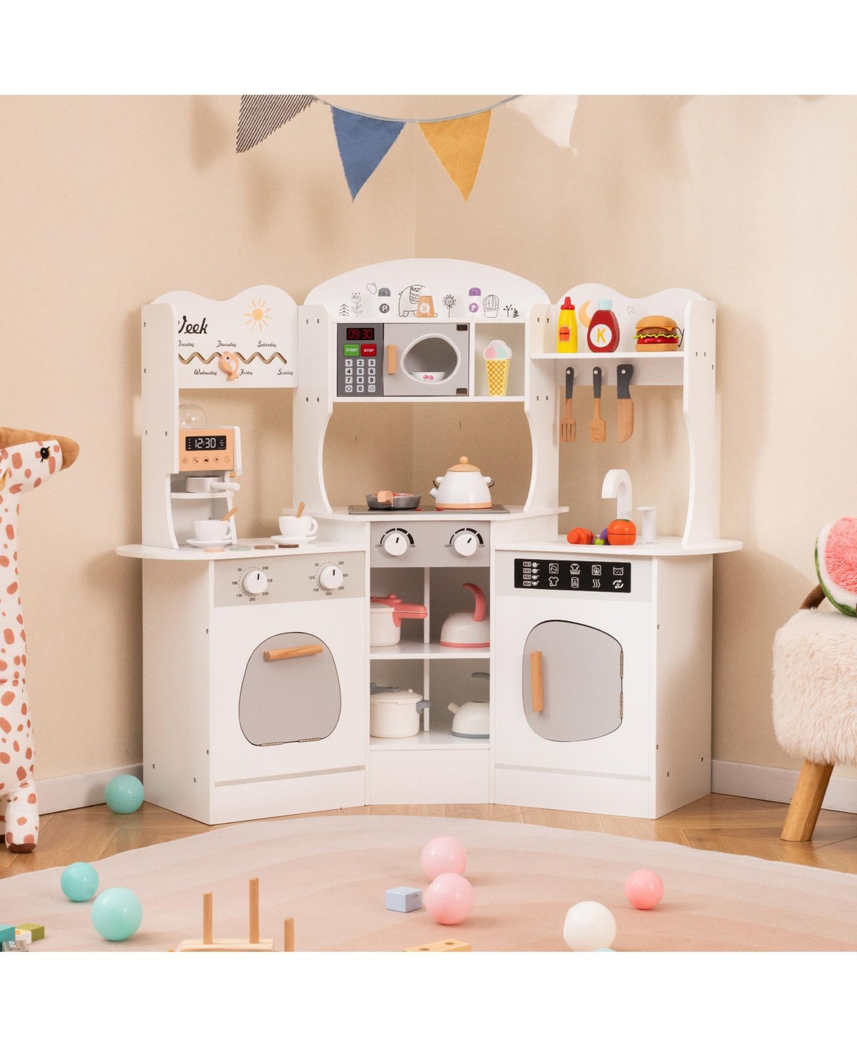 Hongge Corner Wooden Play Kitchen with Coffee Maker, Sink, and Slide for Kids - White