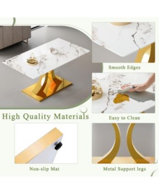 Streamdale Transformable Stainless Steel Gold Base Dining Table, 63"x35", White Glass Top