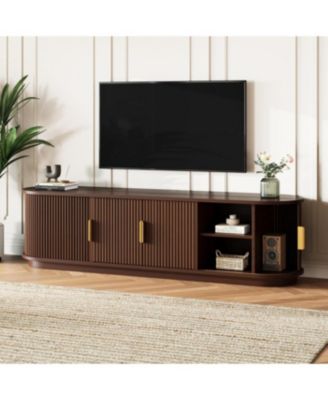 Farmhouse Black Wooden TV Stand with Sliding Tambour Door & Golden Handle