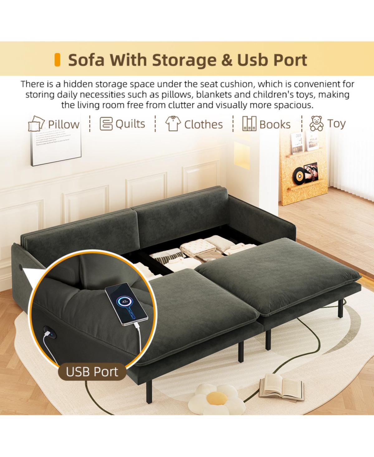 Streamdale 4-Seat Chenille Convertible Sleeper Sofa with Storage & Usb, Dark Grey