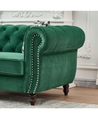 Chesterfield Velvet Sofa with Roll Armrest & Nailhead, Green