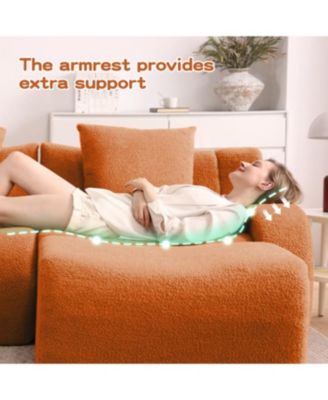 Soft Teddy Fabric Boneless Sofa, Anti-Slip, Curved Armrests, Ergonomic Support, Orange