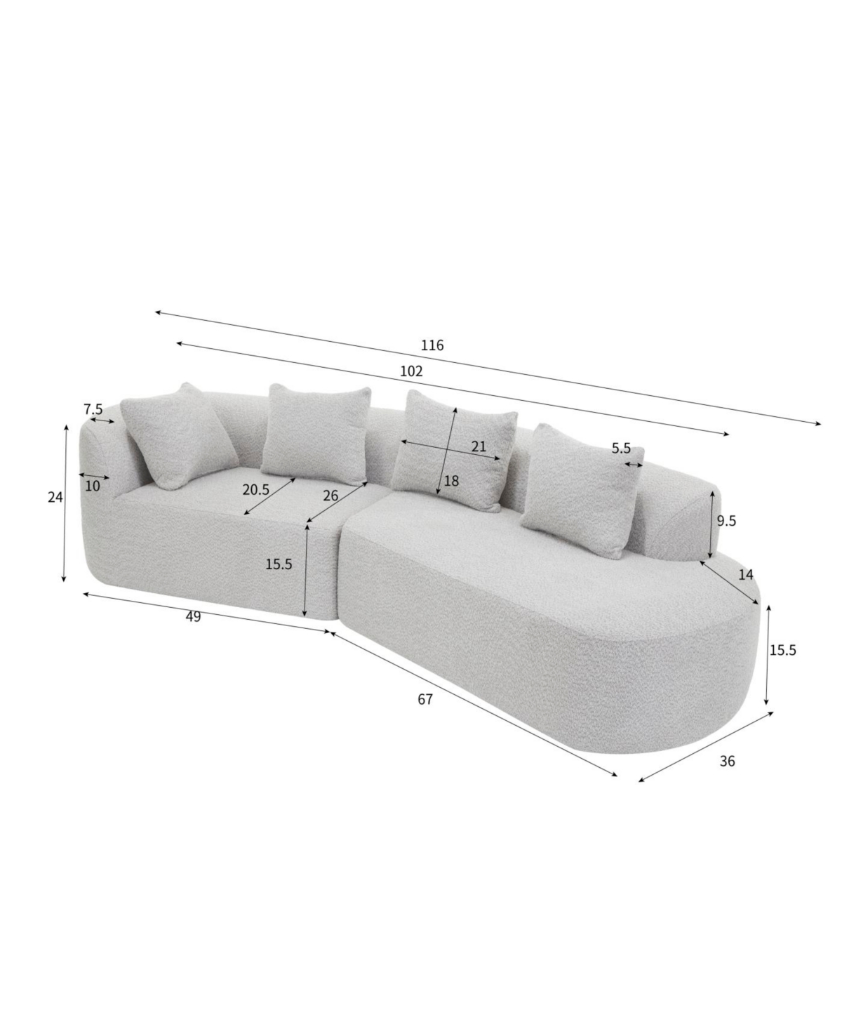 Streamdale Furniture 116" Modern Curved Sectional Sofa with Chaise Lounge, Pearl Upholstery, 2-Piece Set