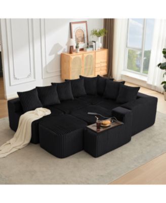 137.5" U-Shaped Sofa, USB/Wireless Charge, Cup Holder Table, Movable, 6 Seats, Black