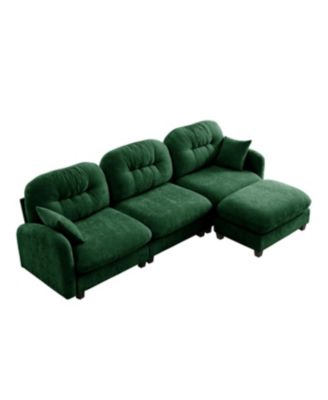 Modular L-Shaped Sectional Couch with Ottoman in Green Chenille