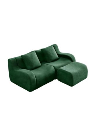 Streamdale L-Shaped Teddy Fabric 2-Seat Boneless Sofa, Curved Armrest, Streamlined & Ergonomic Design, Green