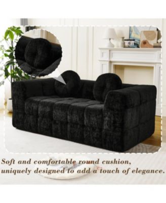 Modern Boneless Couch with Two Circular Throw Pillows, Checkered Design