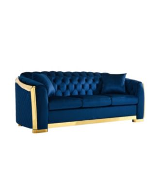 Streamdale Luxury Velvet Chesterfield Sofa Set, Tufted 3 Seat Couch with Gold Stainless, Navy Blue