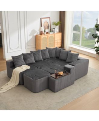 Streamdale  U-Shaped Sofa, USB/Wireless Charge, Cup Holder, Movable, Gray Corduroy