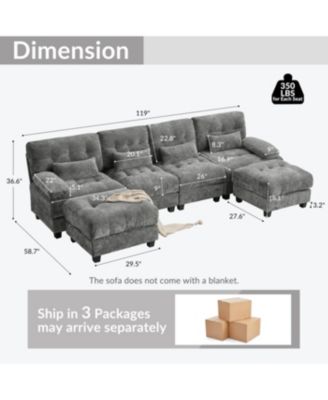 Streamdale 119" 4-Seater Sofa w/ 2 Ottomans, Adj. Backrest, 350lb/Seat, Chenille