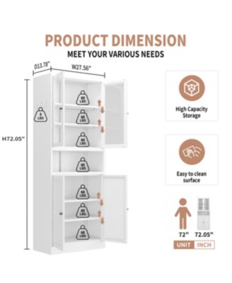 Metal Kitchen Pantry Cabinet - 72" Tall Storage with Adjustable Shelves (White)