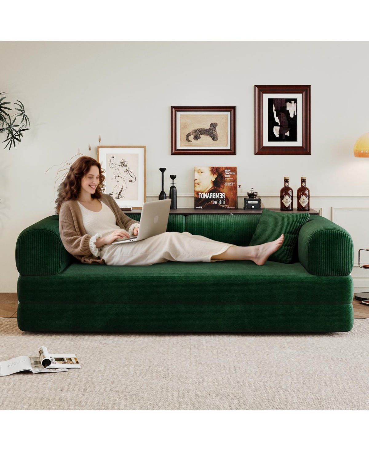 Streamdale Furniture Corduroy Compression Sofa Bed with Pillow Back Support - Green