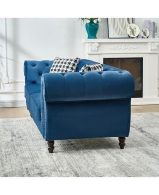 Streamdale Blue  Chesterfield Velvet Sofa with Roll Armrest & Nailhead