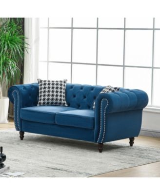 67" Chesterfield Velvet Sofa with Roll Armrest & Nailhead, Mid Century Modern Couch, Blue