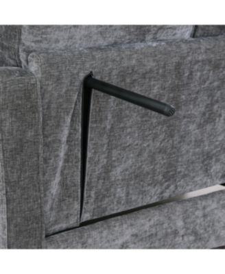 Grey two-seater sofa with chaise, storage footrest, and two pillows