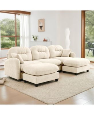 Modular U-Shaped Chenille Couch with Ottoman & Pillows, Beige