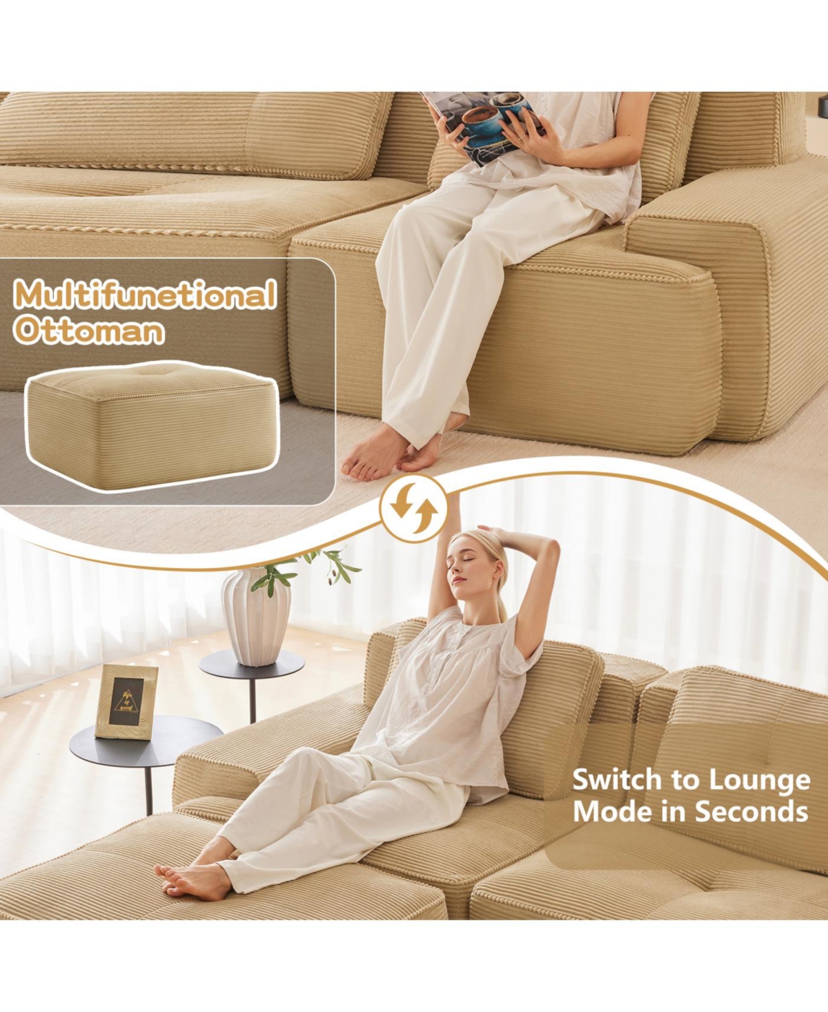 Streamdale Furniture Streamdale Camel Modern Modular Corduroy Sectional Sofa, 4-Seater Couch with Deep Seat