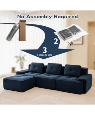 Modern L-Shaped Corduroy Sectional Sofa with Movable Ottoman, Blue