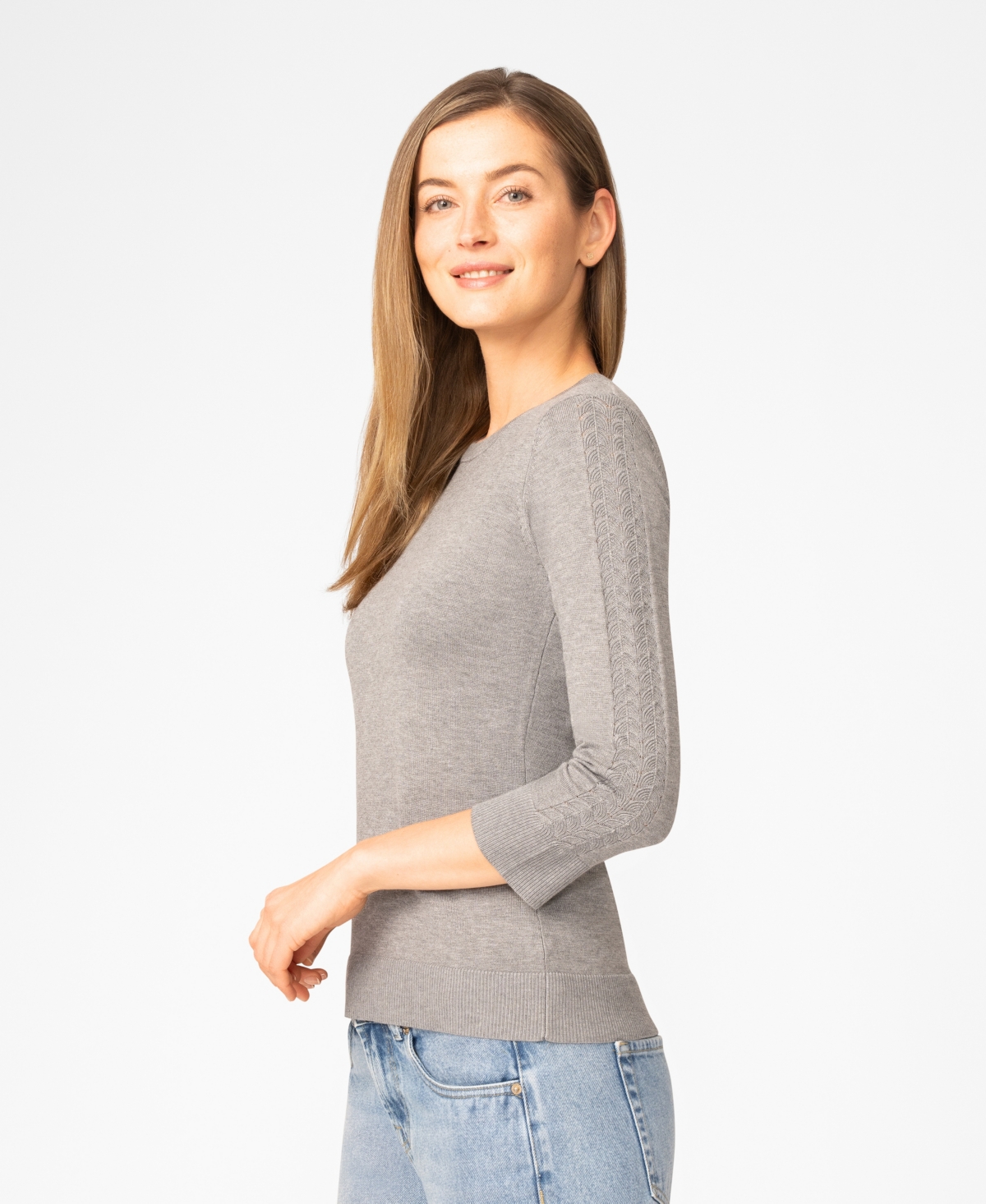 Melissa Paige Petite Pointelle-Sleeve Crewneck Sweater