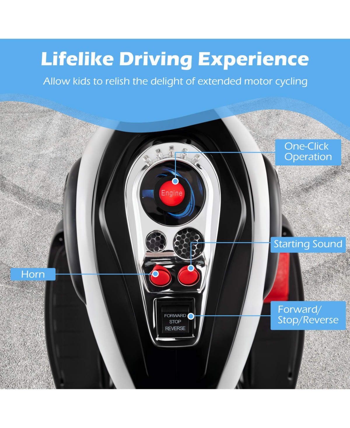 Hongge 6V Toddler 3-Wheel Motorbike Ride-On Toy with Headlight and Horn - Black&White