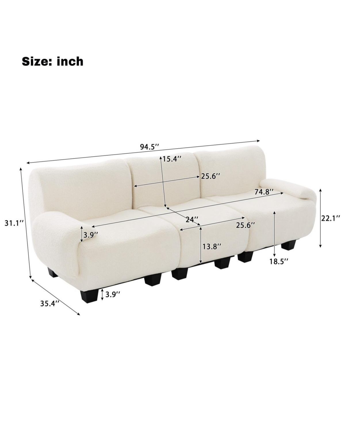 Streamdale Modern Chenille 3-Seater Sofa with Curved Armrests