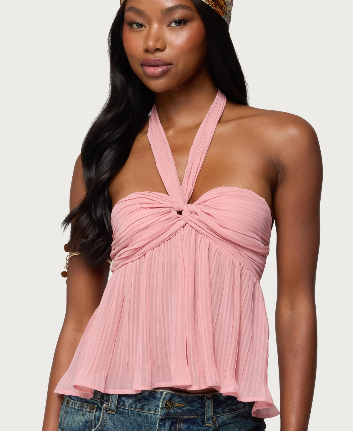 Edikted Women's Pleated Chiffon Babydoll Halter Top