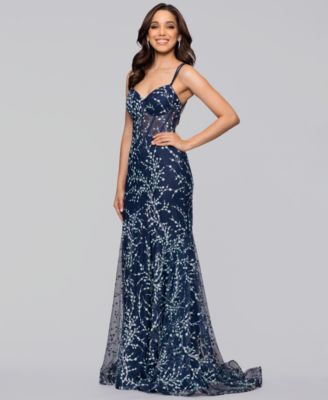 Juniors' Caviar Glitter Illusion Bodice Fit and Flare Gown