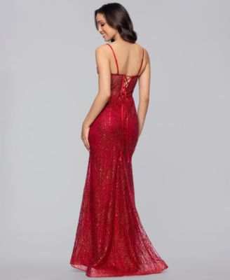 Juniors' Long Glitter Draped Illusion Bodice Gown 