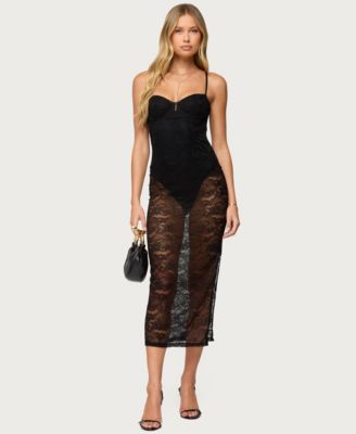 Women's Sheer Lace Built In Bodysuit Midi Dress