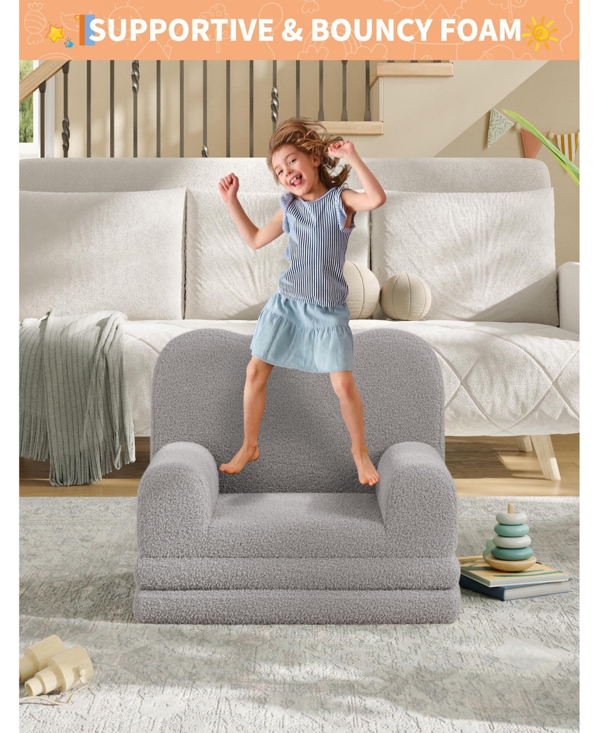 gaomon Kids Couch, 2-in-1 Convertible Teddy Fleece Fabric Toddler Sofa Chair, Soft Fold Out Couch Lounger for